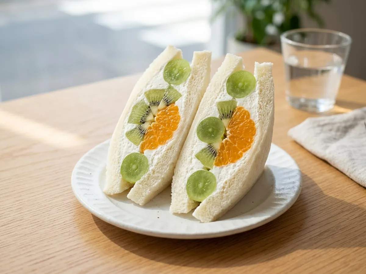 白い生クリームと色とりどりの季節の果物をはさんだ、フルーツサンドの断面の写真(AIで作成したイメージ)